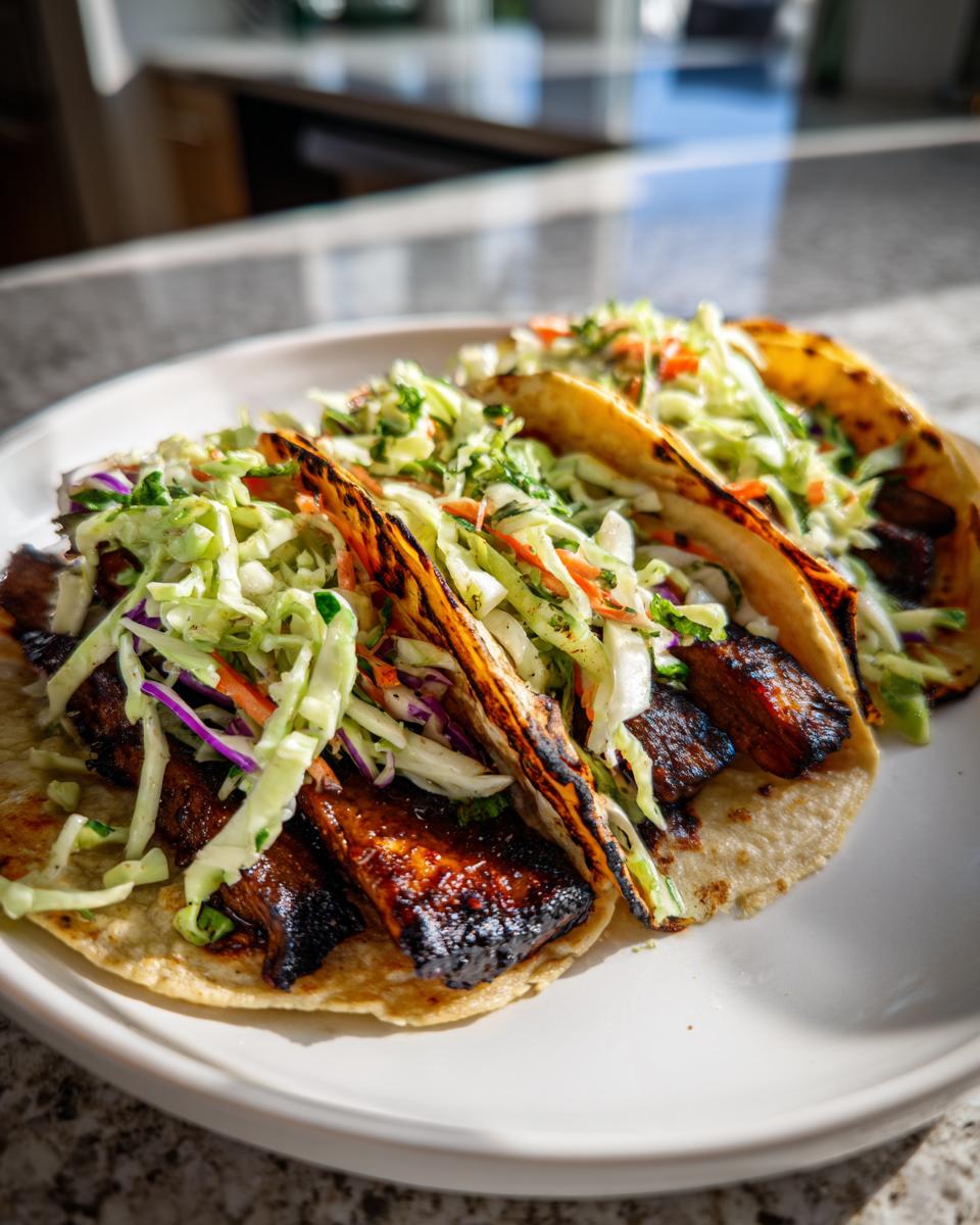 Three charred tortillas filled with marinated grilled portobello tacos and topped with fresh cabbage slaw.
