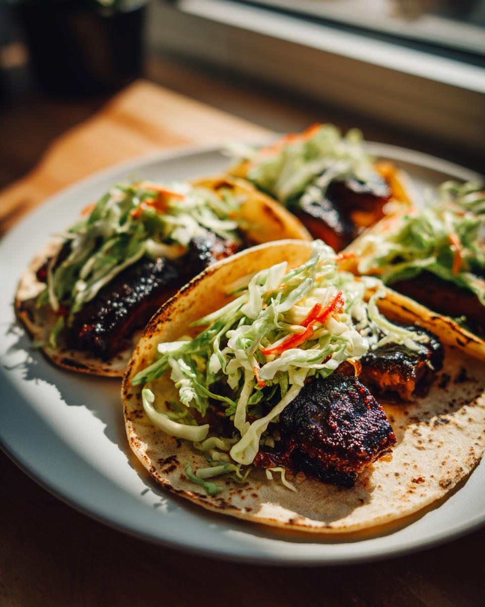 Four grilled portobello tacos filled with dark, marinated mushroom pieces and topped with fresh green cabbage slaw.