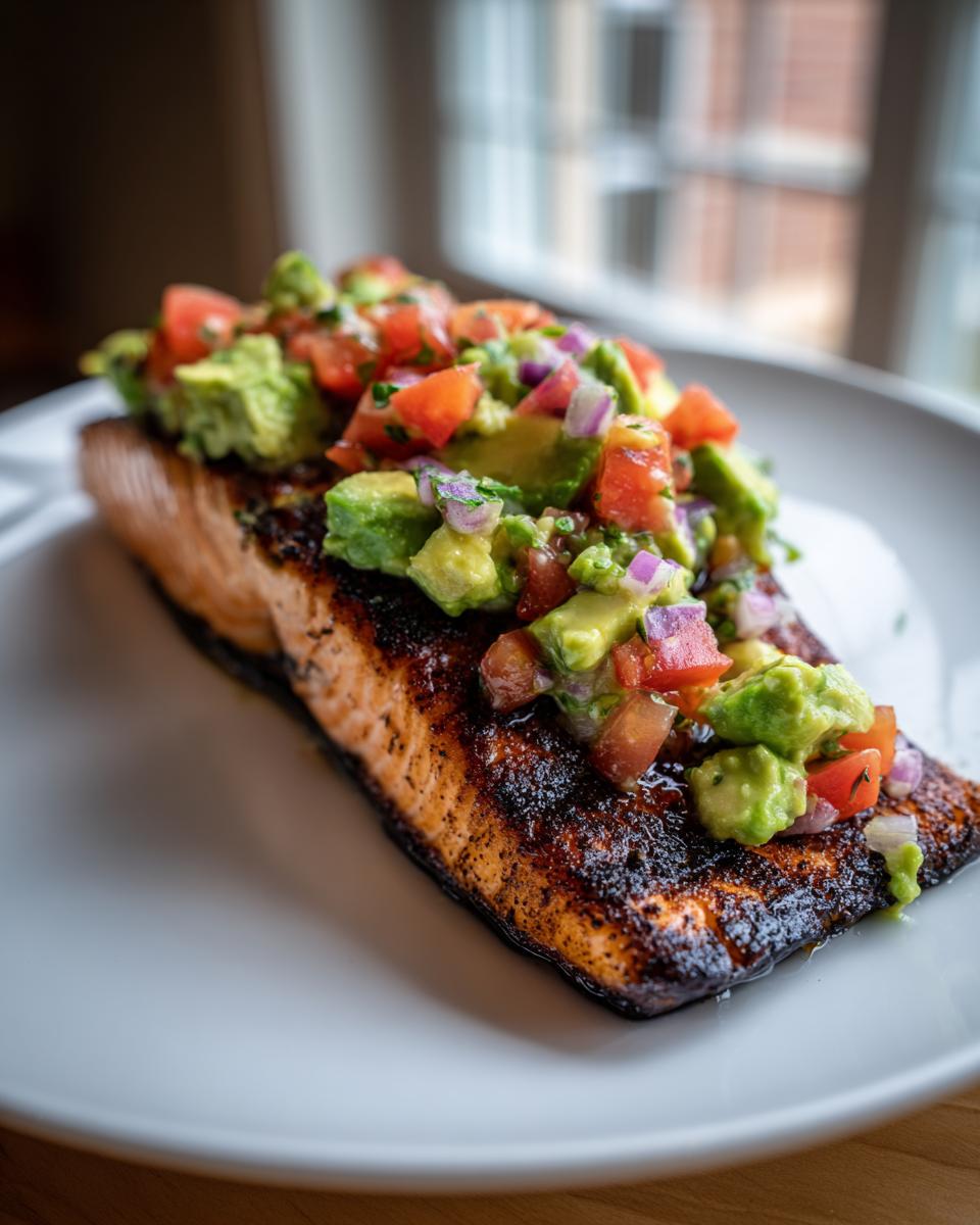 A perfectly cooked fillet of grilled salmon topped generously with fresh avocado salsa.