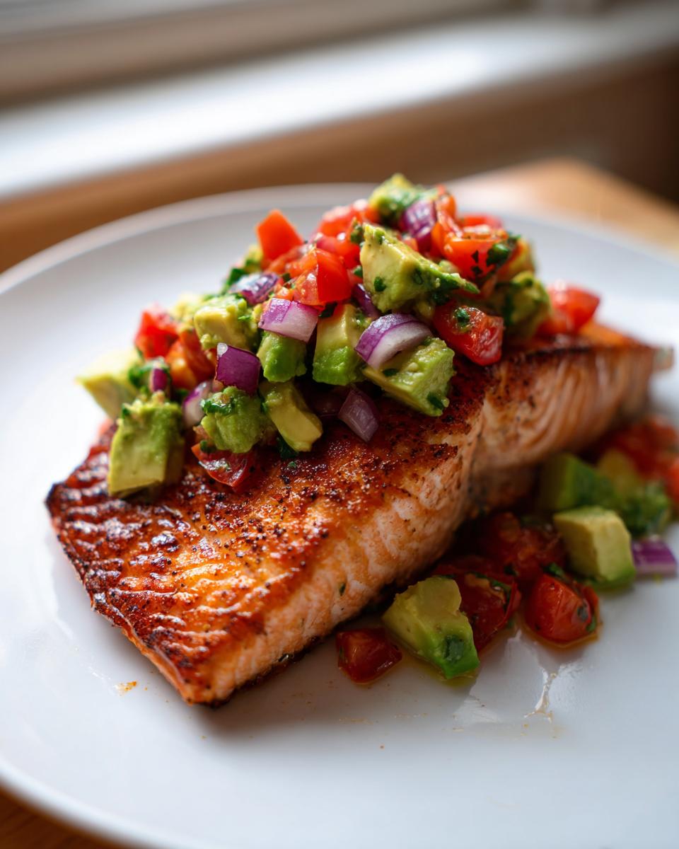 Close-up of a perfectly grilled salmon fillet topped generously with fresh avocado salsa.