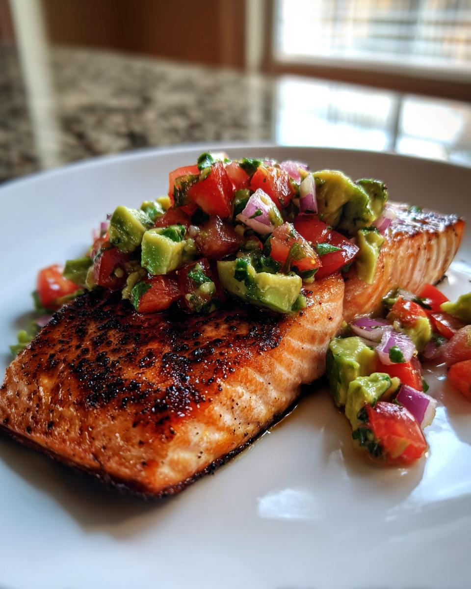 Close-up of perfectly grilled salmon topped with fresh avocado salsa, featuring diced tomatoes and red onion.