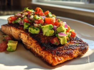 A perfectly seasoned and grilled salmon fillet topped generously with fresh avocado salsa.