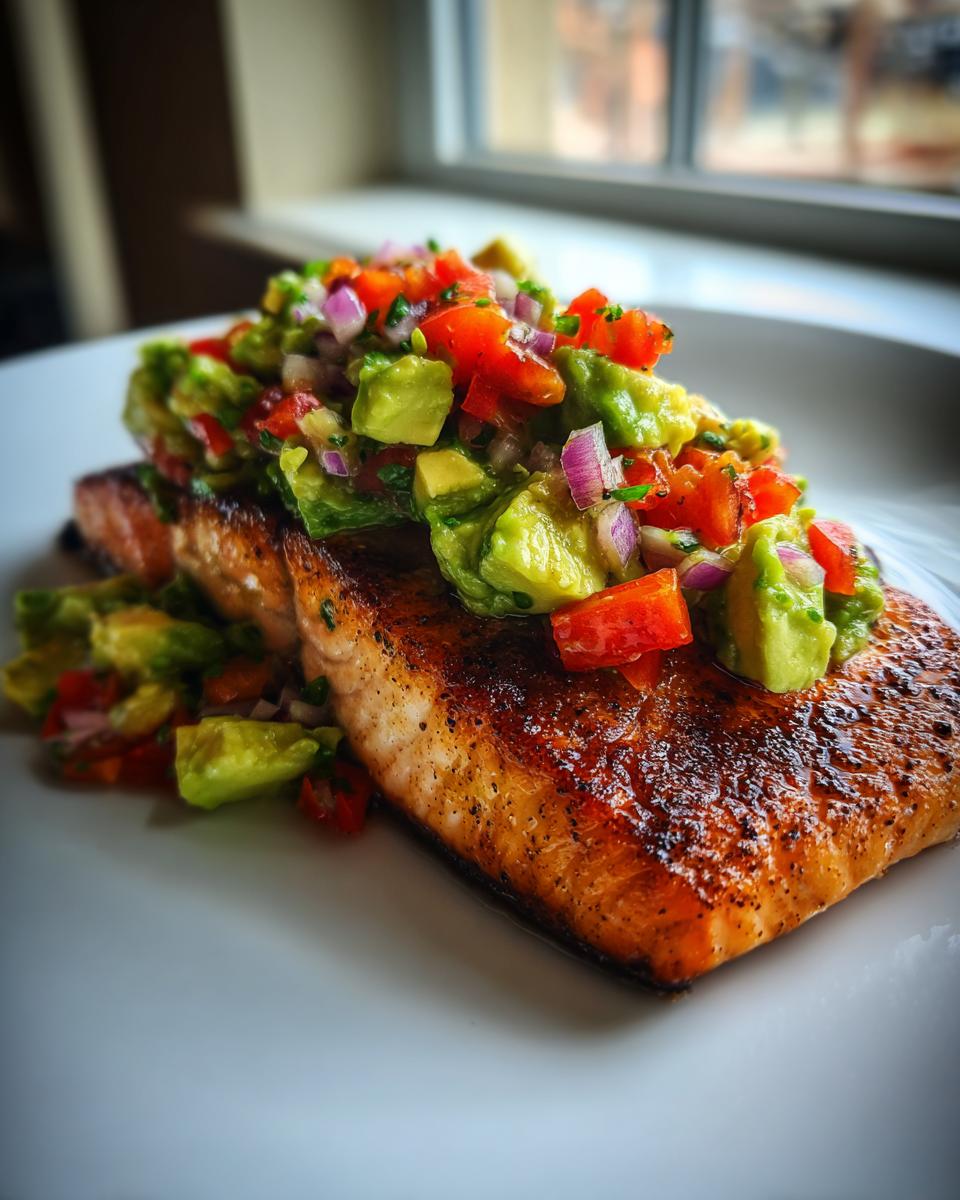A perfectly cooked fillet of grilled salmon topped generously with fresh avocado salsa.