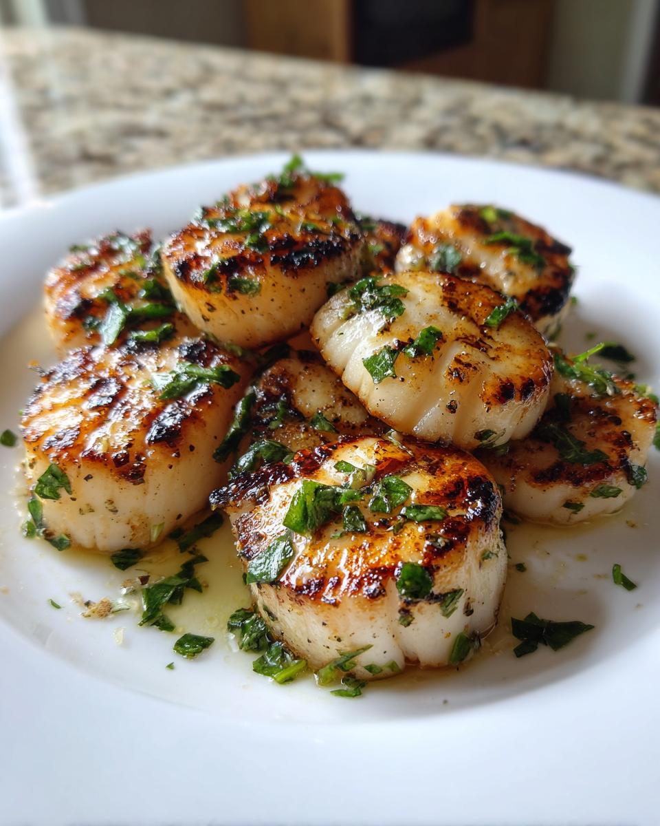 Close-up of perfectly seared Grilled scallops with lemon and mint, glistening with butter sauce on a white plate.