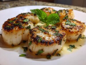 Five perfectly seared grilled scallops with lemon and mint sauce drizzled on a white plate.