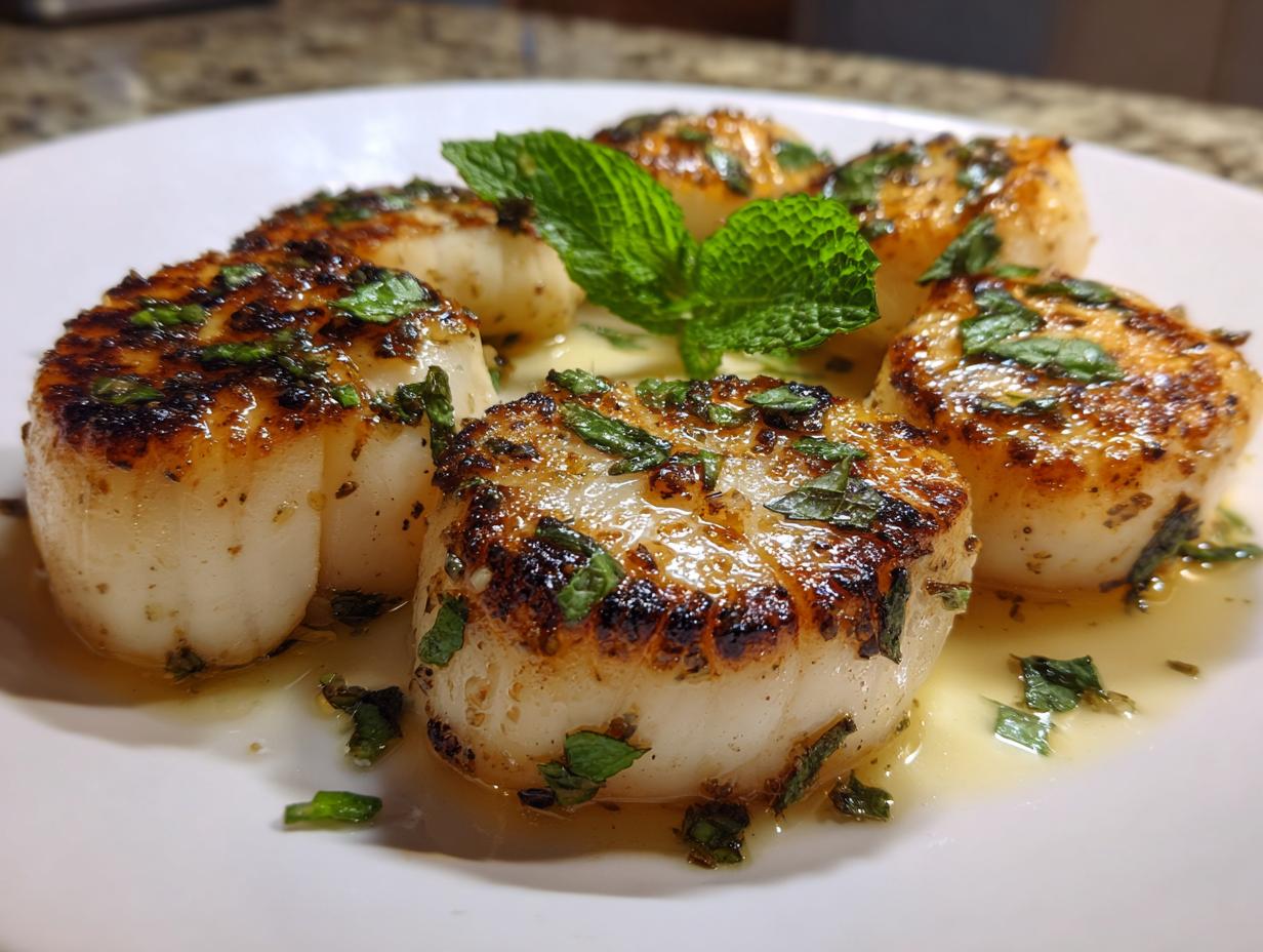 Five perfectly seared grilled scallops with lemon and mint sauce drizzled on a white plate.