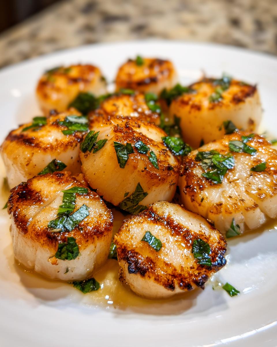 Close-up of perfectly seared grilled scallops with lemon and mint, resting in butter sauce on a white plate.