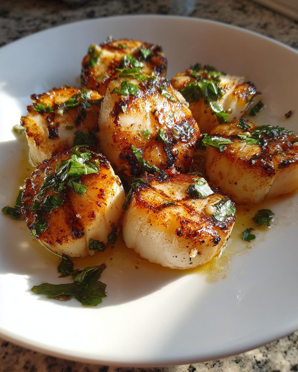Close-up of perfectly seared grilled scallops with lemon and mint butter sauce on a white plate.