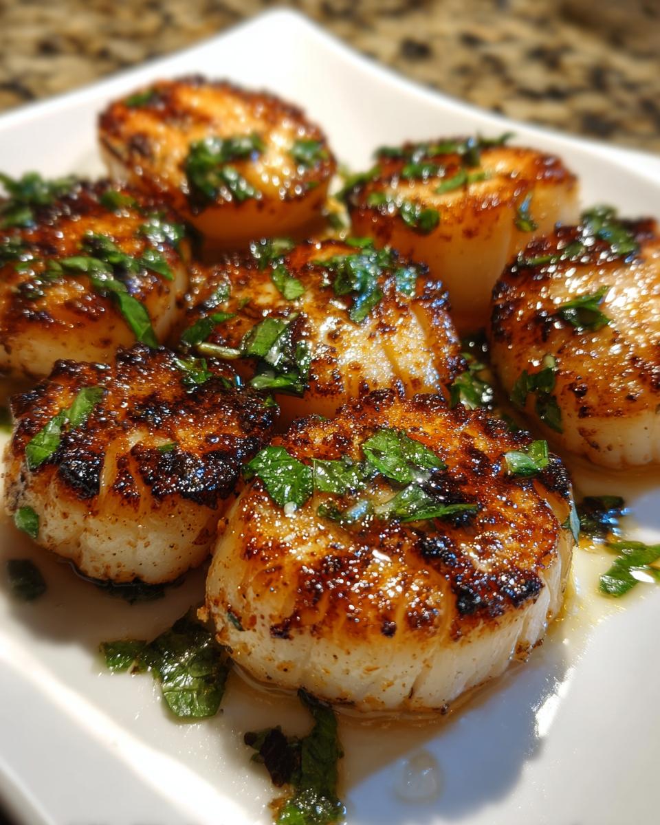 Close-up of perfectly seared grilled scallops with a golden-brown crust, topped with fresh mint.