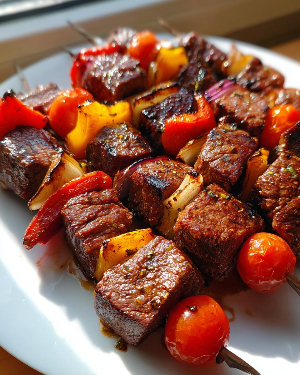Close-up of juicy, charred grilled steak kabobs threaded with colorful bell peppers and cherry tomatoes.