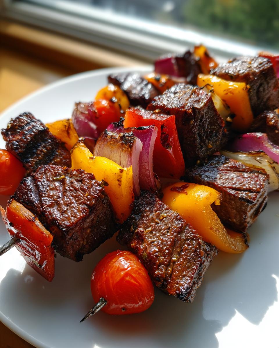 Close-up of perfectly grilled steak kabobs featuring charred beef cubes, yellow peppers, red onions, and cherry tomatoes on a white plate.