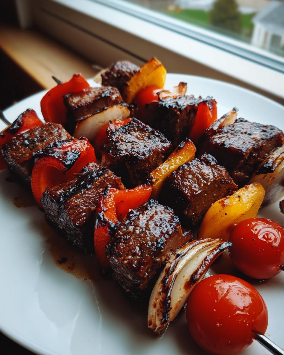 Close-up of perfectly seasoned and grilled steak kabobs with peppers, onions, and cherry tomatoes.