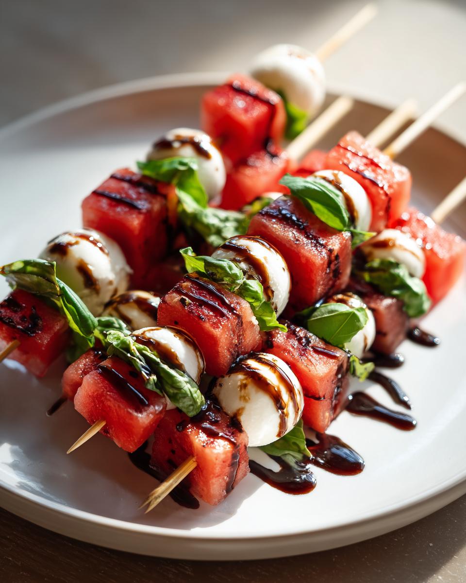 Close-up of grilled Watermelon Caprese skewers featuring watermelon cubes, mozzarella balls, and basil, drizzled with balsamic glaze.