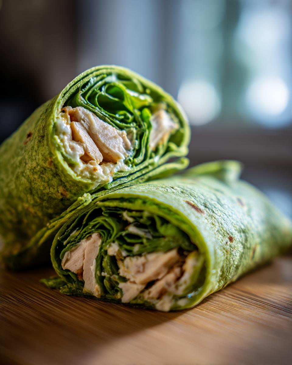 Two halves of a delicious Grogu spinach wrap filled with chicken, lettuce, and creamy sauce, resting on a wooden board.