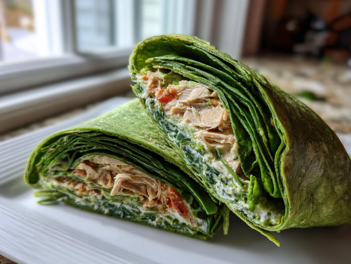 Close-up of two halves of a Grogu spinach wrap, showing layers of green tortilla, creamy filling, and shredded chicken.