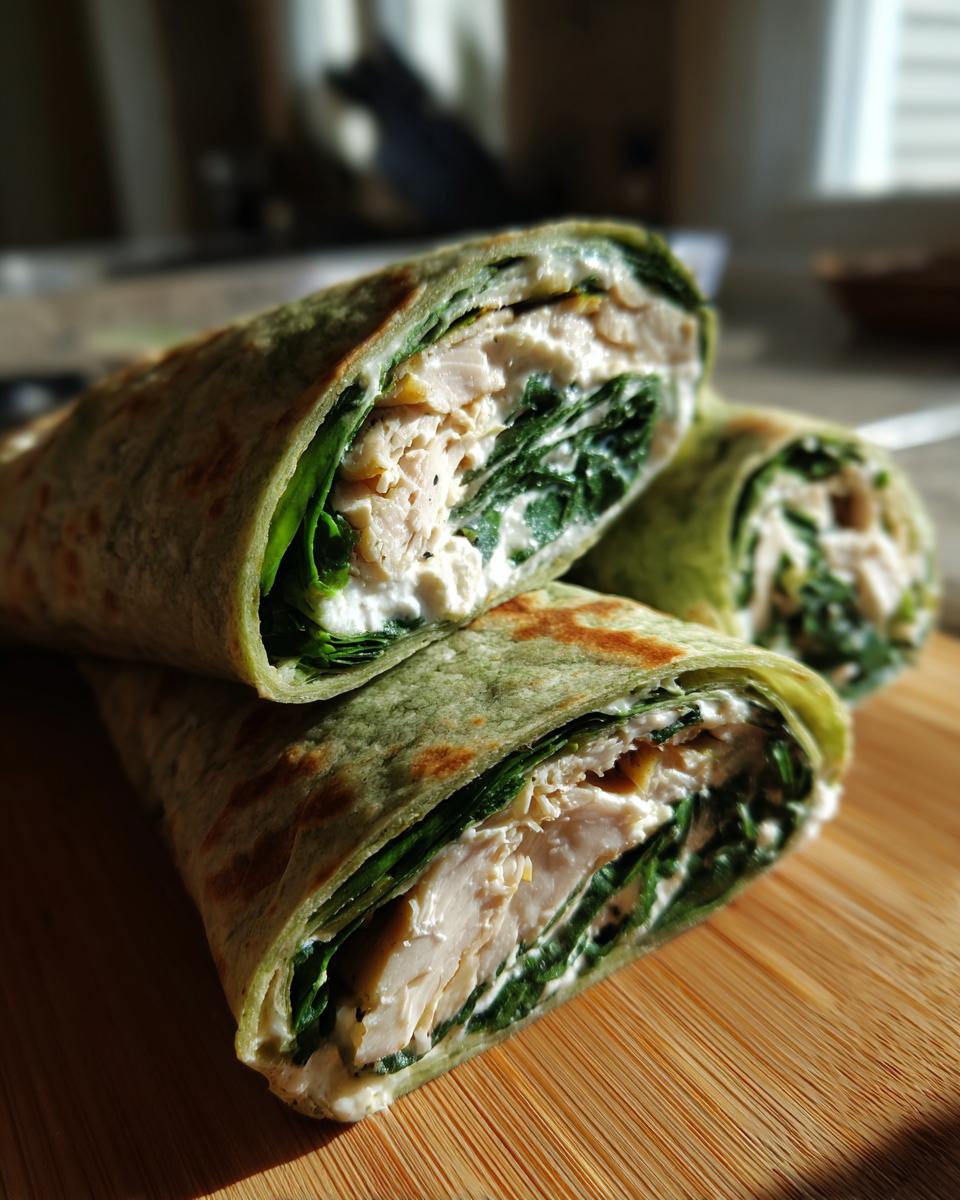 Two halves of a Grogu spinach wrap showing layers of chicken, spinach, and cream cheese filling on a wooden board.