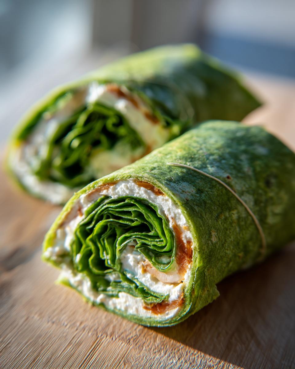 Two halves of a delicious Grogu spinach wrap pinwheel showing layers of cream cheese, greens, and filling.