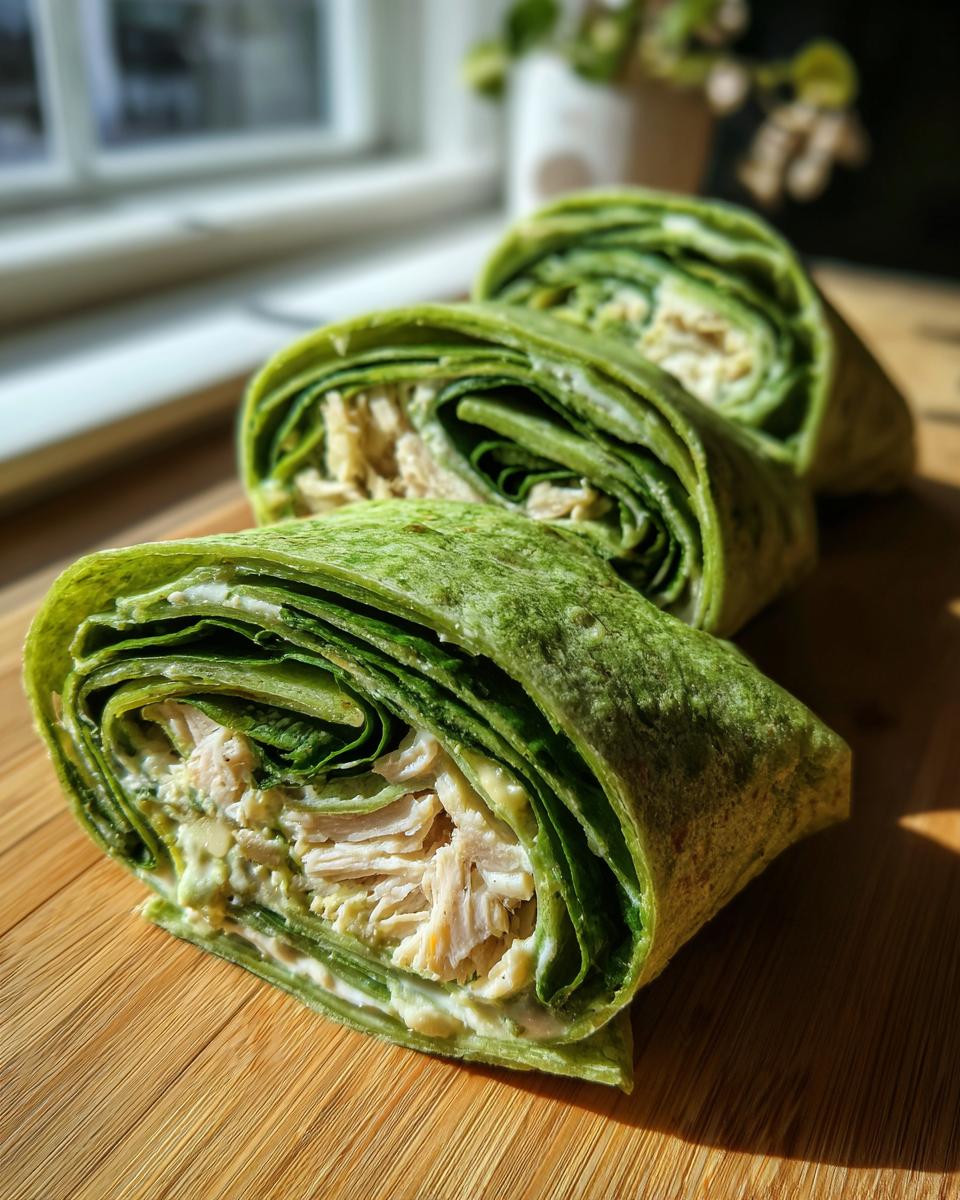 Three slices of vibrant green Grogu spinach wraps filled with shredded chicken and creamy sauce, resting on a wooden board.