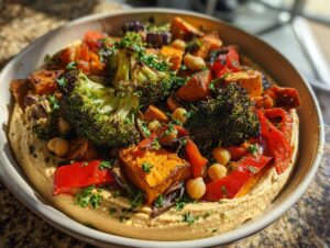 A vibrant, close-up shot of a healthy hummus bowl topped with roasted broccoli, sweet potatoes, red peppers, and chickpeas.