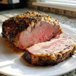 A slice of medium-rare herb roasted leg of lamb with a dark, herby crust on a white plate.
