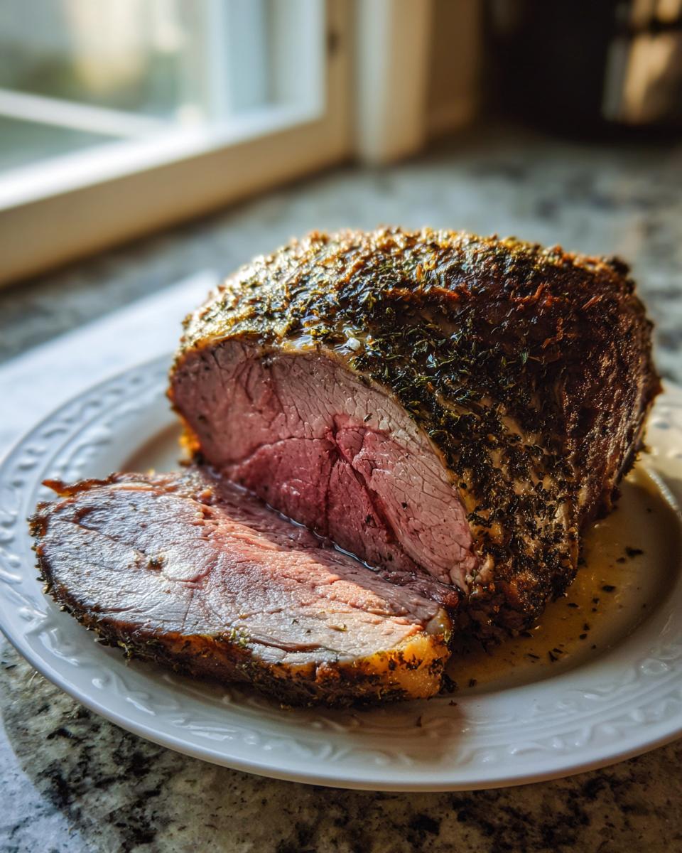 A thick slice cut from a juicy Herb roasted leg of lamb, showing a pink center and herb crust.