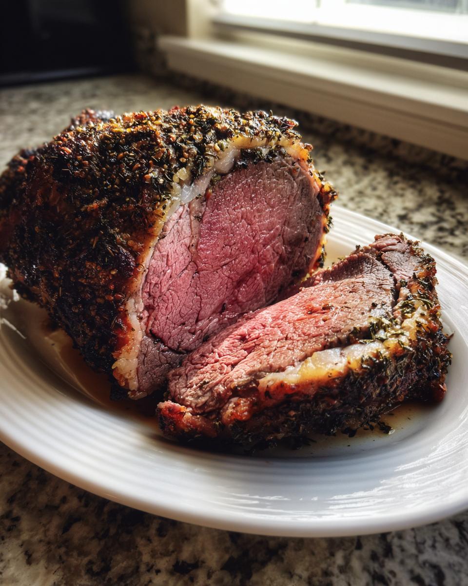 Close-up of a medium-rare Herb roasted leg of lamb, showing a thick herb crust and juicy pink interior.