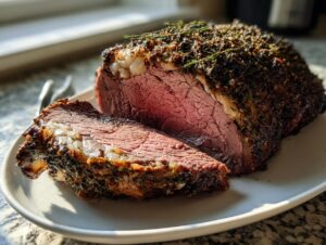 A thick slice cut from a juicy Herb roasted leg of lamb, showing a medium-rare pink center and dark herb crust.