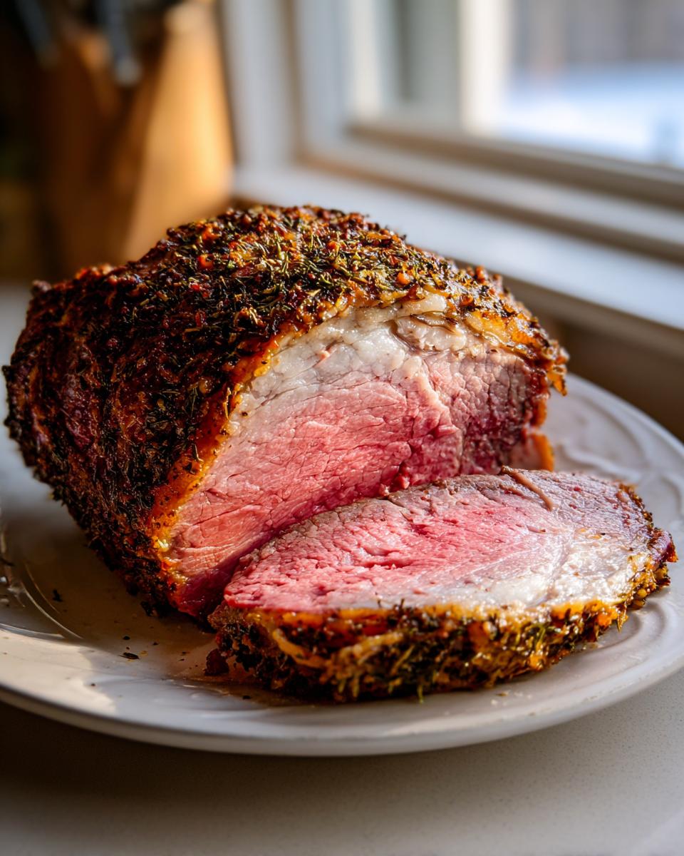 Close-up of a medium-rare Herb roasted leg of lamb with a thick, herbed crust, resting on a white plate.
