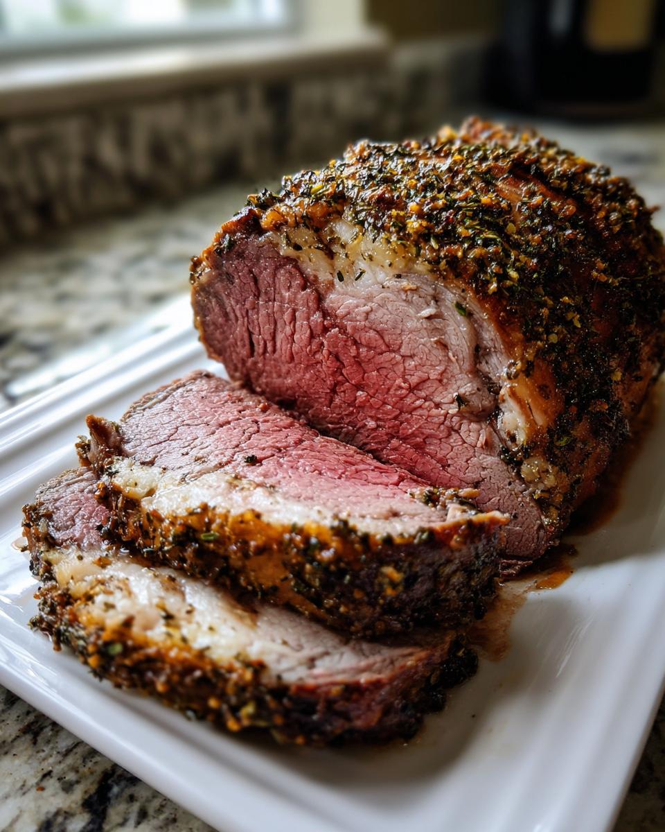 Close-up of a medium-rare herb roasted leg of lamb, sliced to show the juicy pink interior and herb crust.