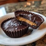 Two homemade peanut butter cups, one cut in half to show the creamy filling, topped with flaky sea salt.