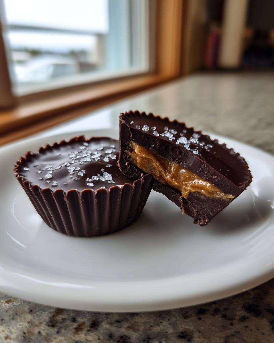 Two homemade peanut butter cups on a white plate, one cut open revealing the peanut butter filling, topped with flaky sea salt.