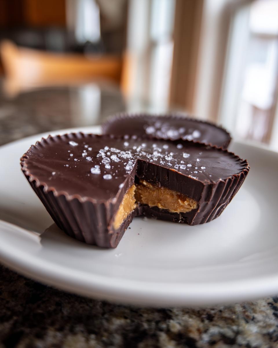A close-up of homemade peanut butter cups, one cut in half showing the filling, topped with flaky sea salt.