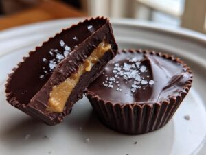 Two decadent homemade peanut butter cups, one cut in half showing the creamy filling, topped with flaky sea salt.