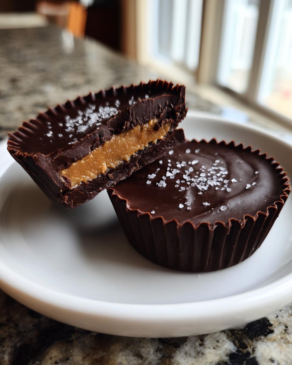 Two decadent homemade peanut butter cups, one cut in half showing the peanut butter filling, topped with flaky sea salt.