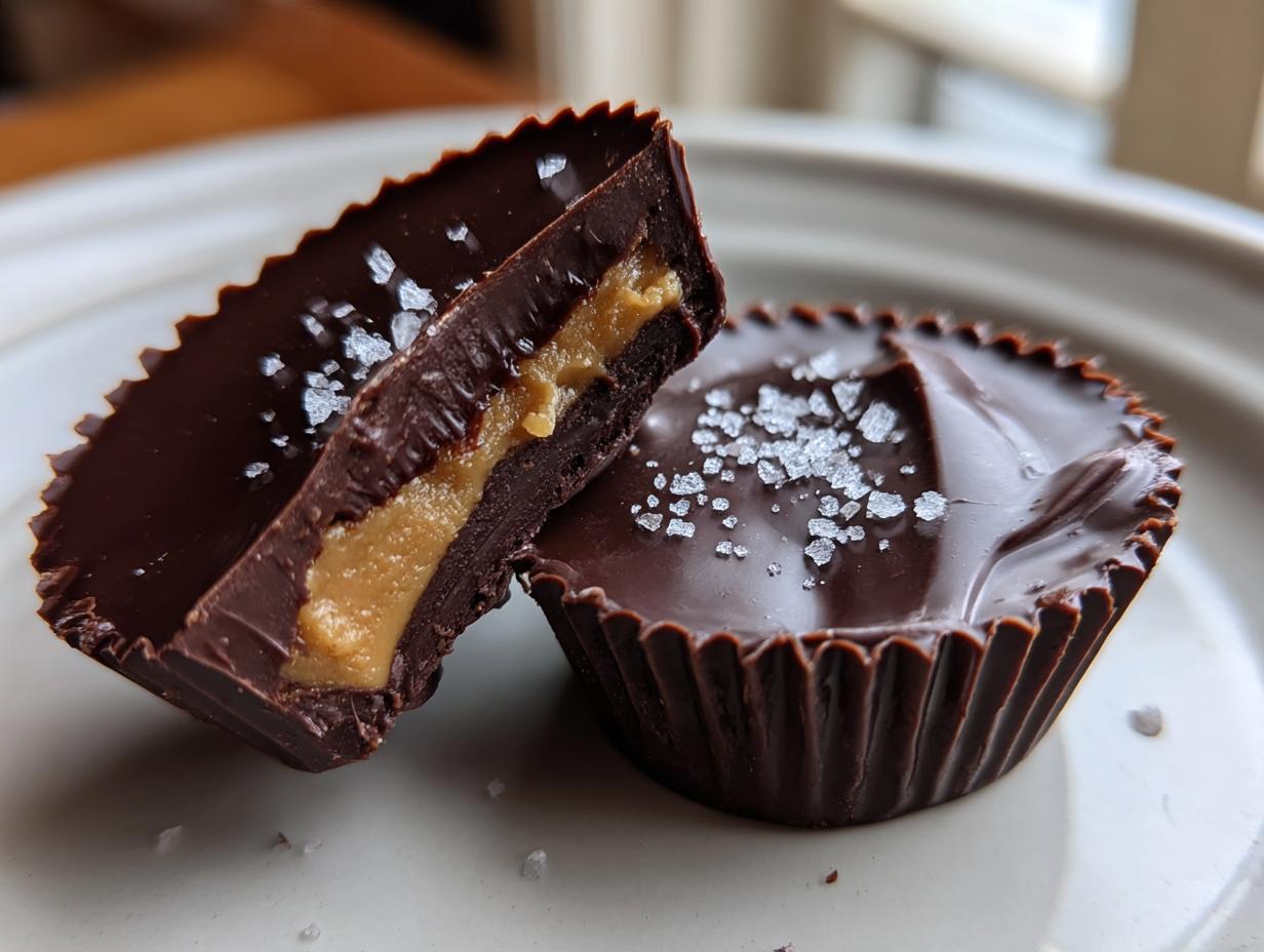 Two decadent homemade peanut butter cups, one cut in half showing the creamy filling, topped with flaky sea salt.