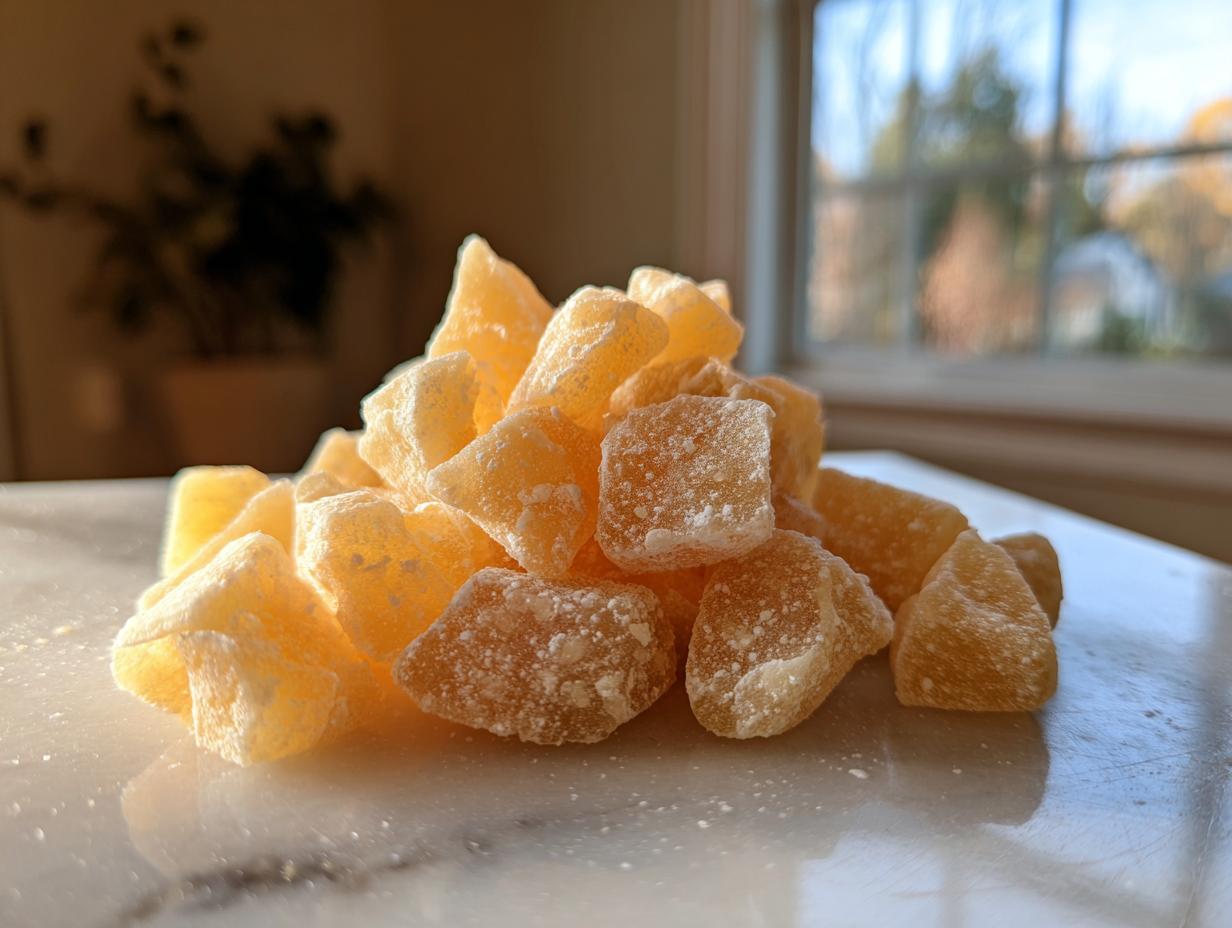 Close-up of golden, sugar-dusted pieces of homemade salted taffy recipe candy piled on a white marble surface.