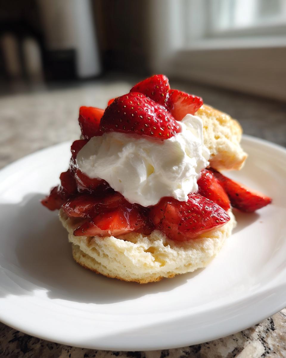 A close-up of a single serving of homemade strawberry shortcake, featuring a biscuit topped with macerated strawberries and whipped cream.