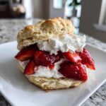 A delicious homemade strawberry shortcake featuring a split biscuit filled with macerated strawberries and whipped cream.