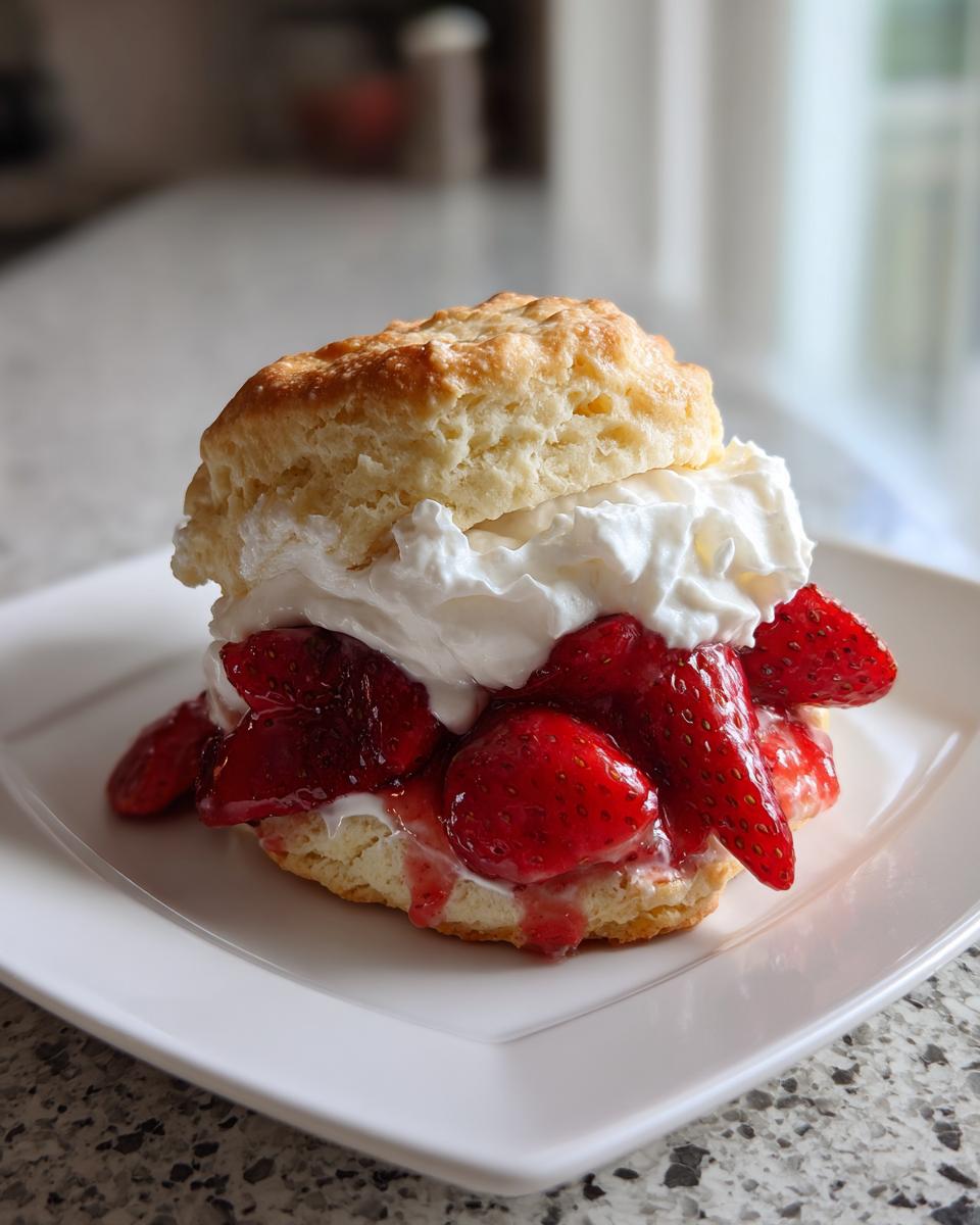A close-up of a delicious homemade strawberry shortcake with biscuit, whipped cream, and sliced strawberries on a white plate.