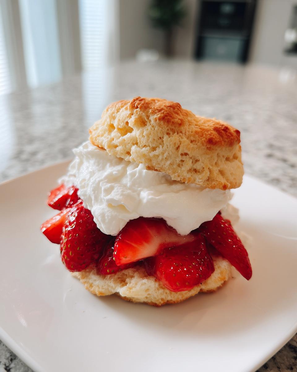 A single serving of homemade strawberry shortcake featuring a biscuit, fresh strawberries, and whipped cream.