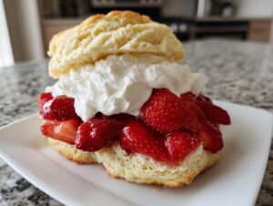 A delicious serving of homemade strawberry shortcake featuring a biscuit split open, layered with macerated strawberries and topped with whipped cream.
