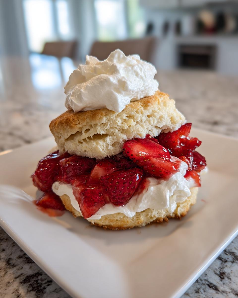 A close-up of a delicious Homemade strawberry shortcake layered with macerated strawberries and whipped cream.