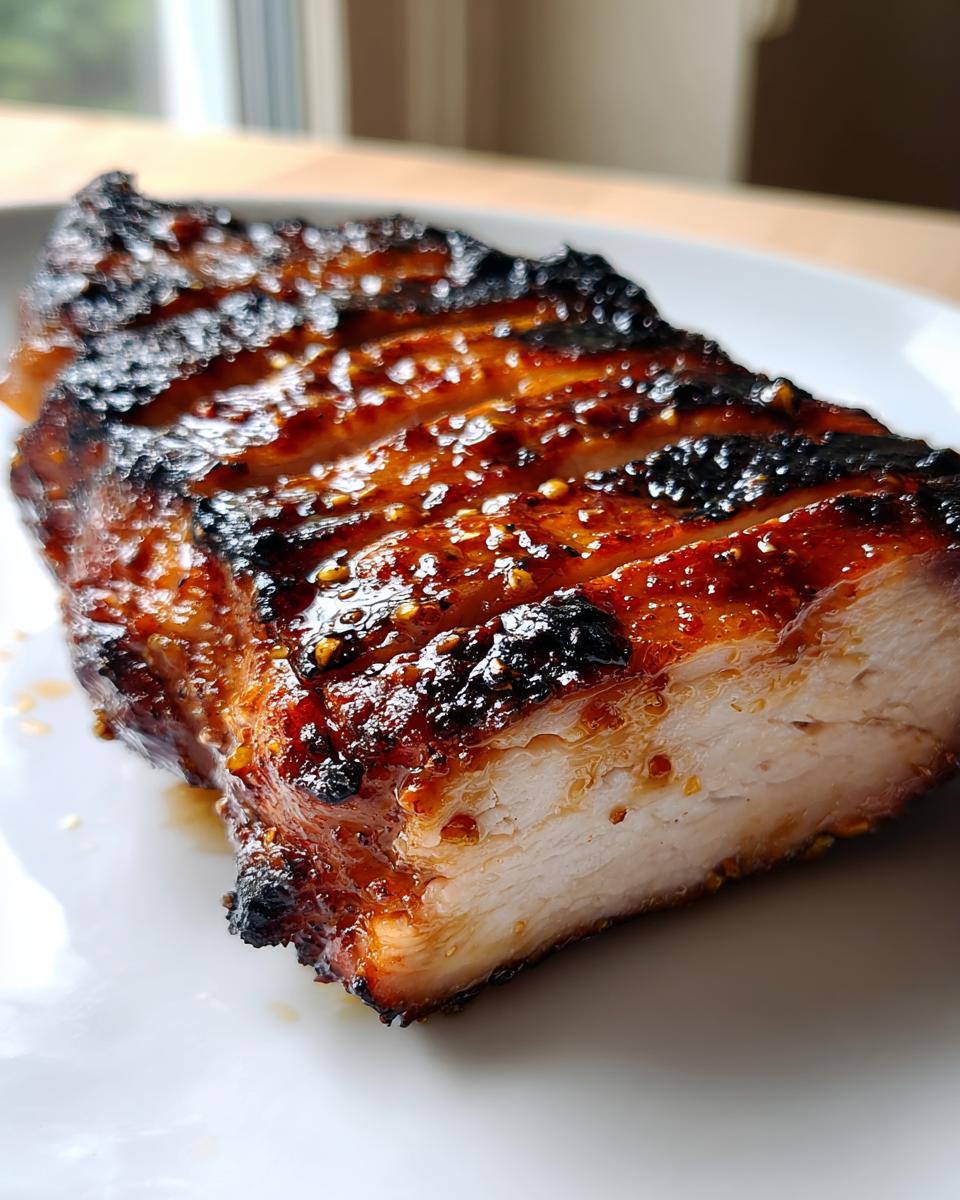 Close-up of a juicy, cross-section of honey mustard grilled chicken breast showing grill marks and a sticky glaze.