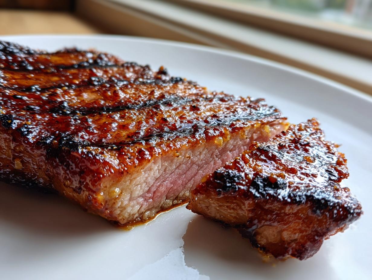 Close-up of a perfectly cooked Honey mustard grilled chicken breast, sliced to show the juicy interior and caramelized glaze.