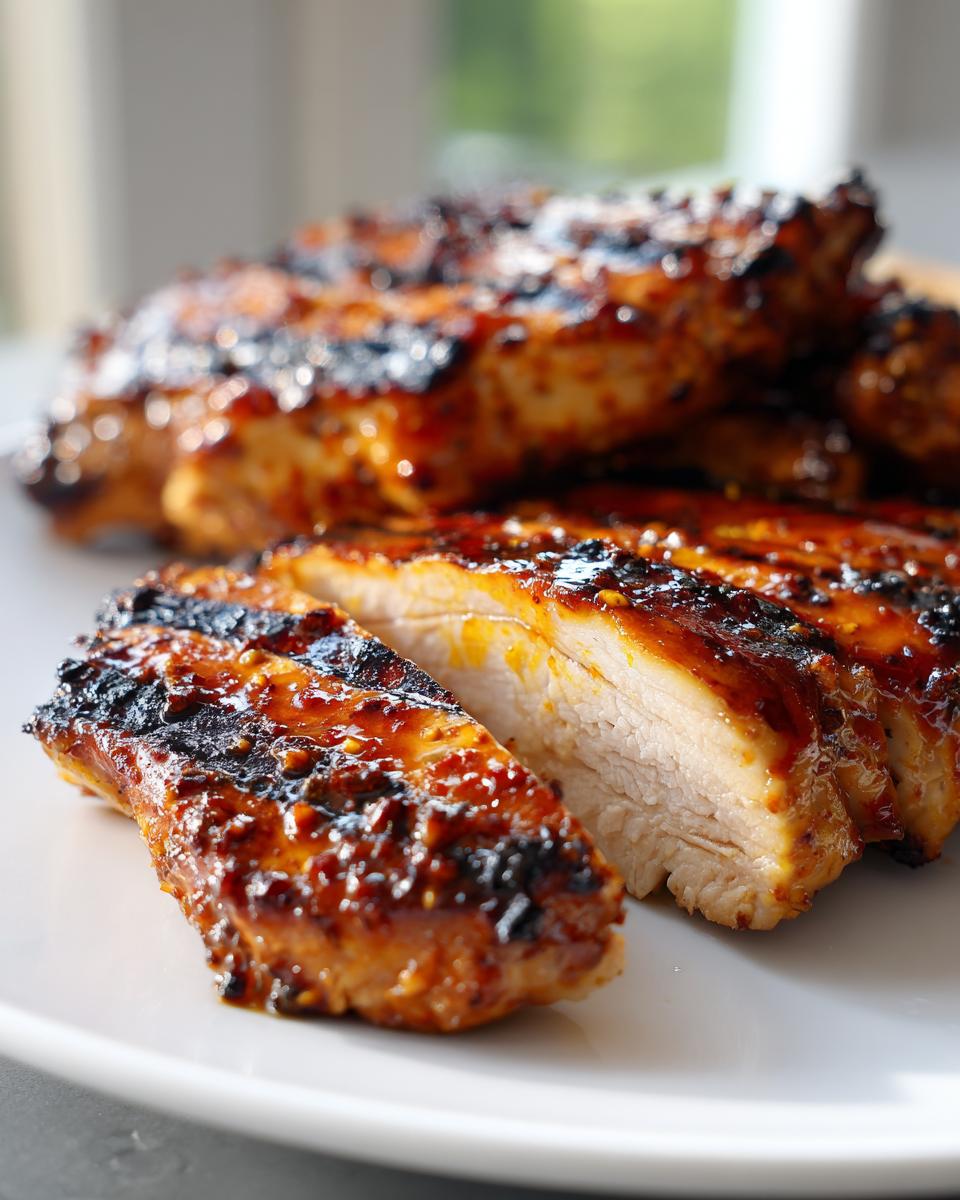 Close-up of sliced Honey mustard grilled chicken breast showing juicy interior and charred glaze.