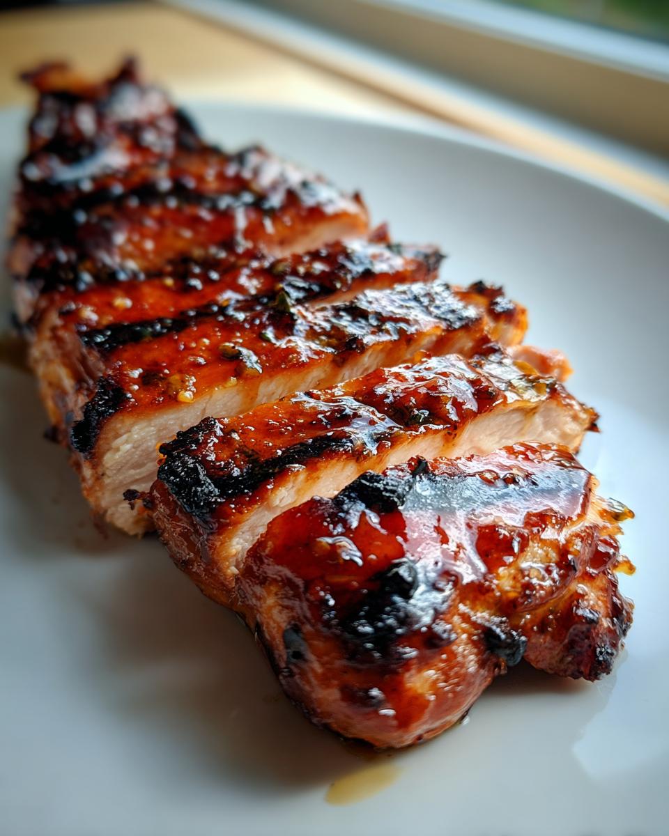 Close-up of sliced Honey Mustard Grilled Chicken Breast with a shiny, caramelized glaze.