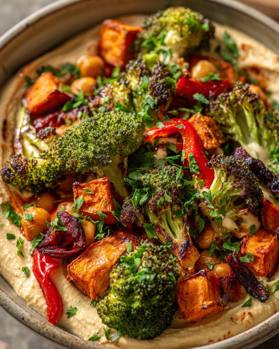 Close-up of a vibrant hummus bowl topped with roasted broccoli, sweet potatoes, chickpeas, and red peppers.