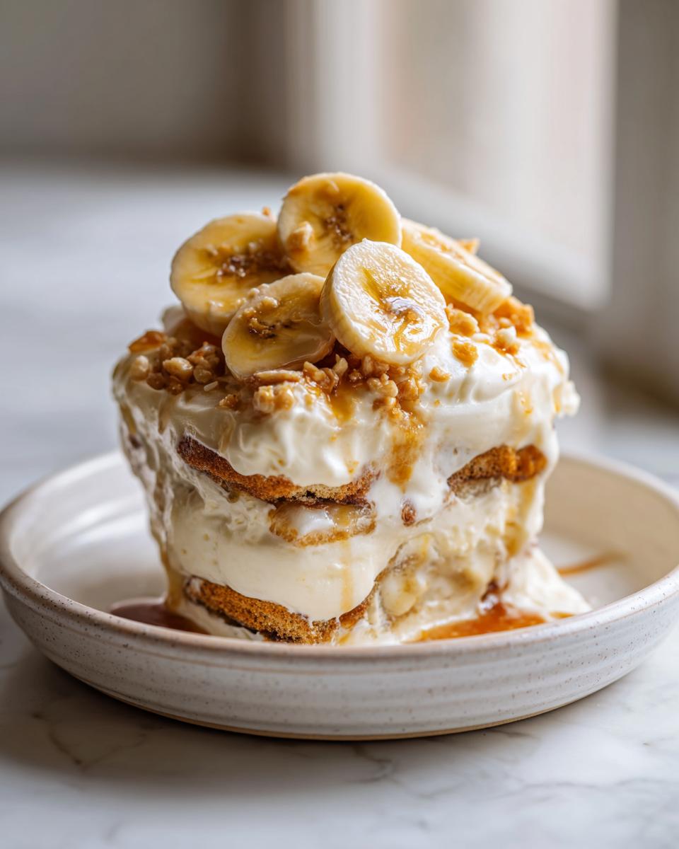 Close-up of an individual serving of Southern banana pudding layered with wafers, cream, and topped with sliced bananas.