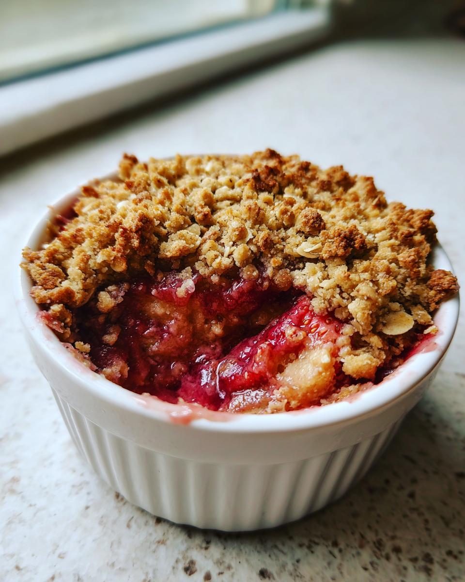 Close-up of a warm, individual Strawberry Rhubarb Crumble with a golden, crunchy topping in a white ramekin.