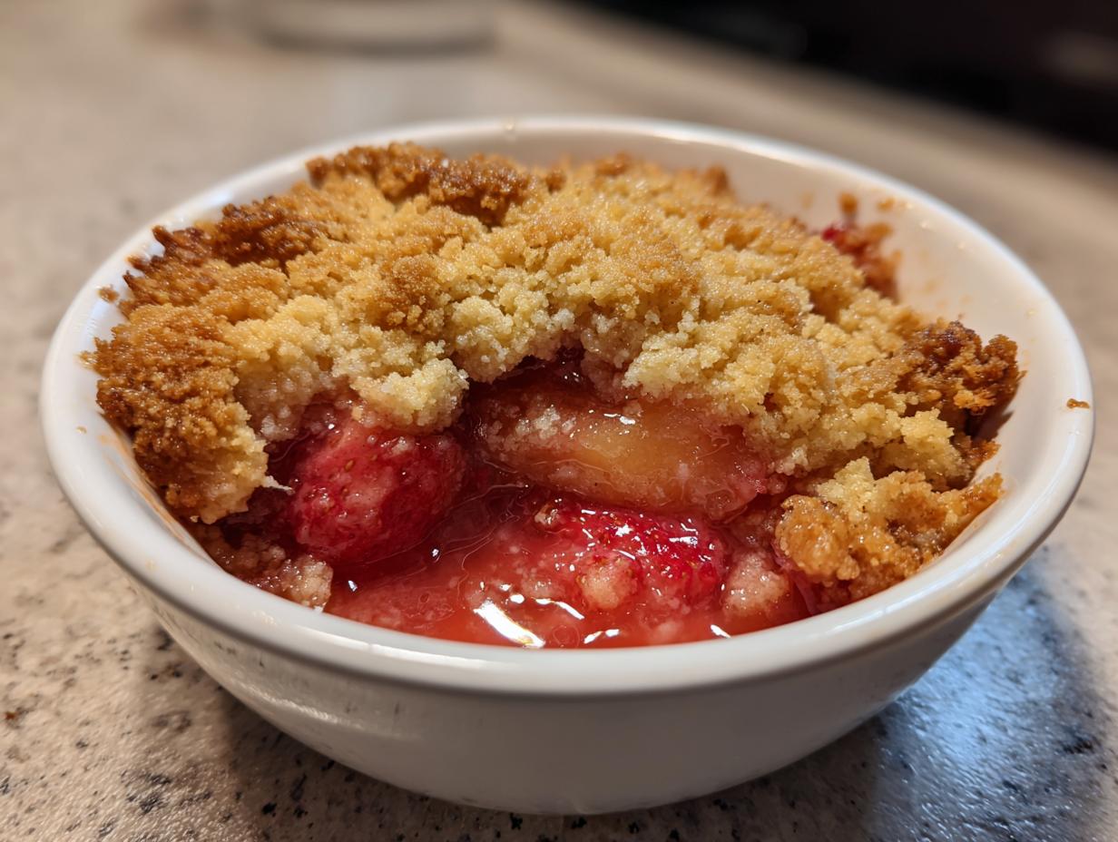 Close-up of a warm, individual serving of Strawberry Rhubarb Crumble with a golden, crisp topping over bubbling fruit.